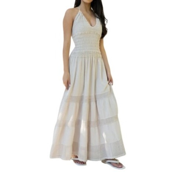 Blanco By Nature Carolina Maxi Sundress L White Crochet Applique‎ Summer Beach - Picture 1 of 15